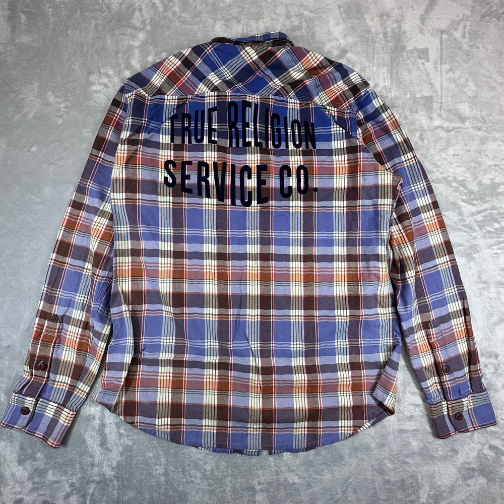 True Religion Service Co Flannel Shirt XL Blue Plaid Back Graphic Embroidered - Picture 8 of 11